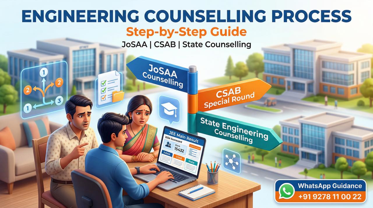 Engineering counselling process guide showing JoSAA, CSAB and state counselling paths for JEE Main students
