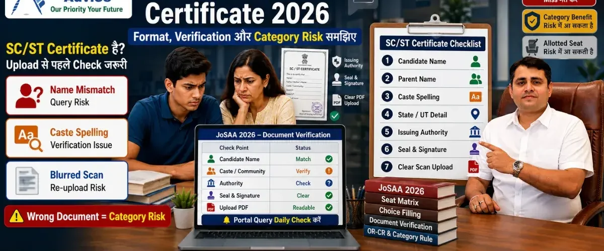JoSAA 2026 SC/ST Certificate Problem: Format, Verification और Category Risk